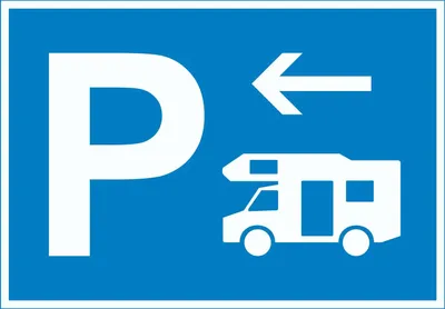 Produktbild von Wohnmobil Parkplatz Schild mit Richtungspfeil links waagerecht A6 (105x148mm)