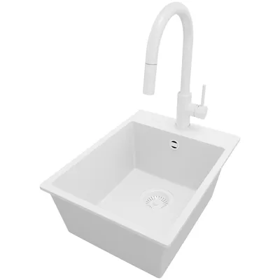 Produktbild von PRIMAGRAN Granitspüle Alles Weiß 38x50cm, Spülbecken 1 Becken + Küchenarmatur 40x20cm + Ablauf-Set, Küchenspüle ab 40er Unterschrank - Riga