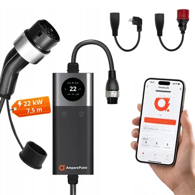Zdjęcie produktu dla Kabel do ładowania EV AMPEREPOINT Typ 2 32A 22kW 7,5M – Przenośna mobilna ładowarka + adaptery do Schuko, CEE32A