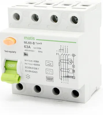 Produktbild von Matis FI Fehlstrom Schutzschalter Typ B Allstromsensitiv 4 Pol 63A 30mA