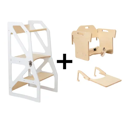 Produktbild von leg&go Verstellbarer Lernturm 2-in-1 Modustep Weiß Set - Montessori Lernturm mit Fütterungsstuhl & Tisch