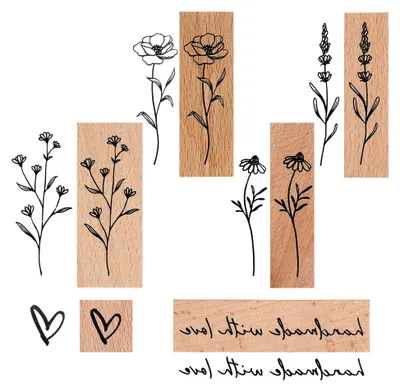 Produktbild von 6-teiliges Holzstempelset, Vintage Stempel mit Blumenmotiven für Scrapbooking und Bastelarbeiten