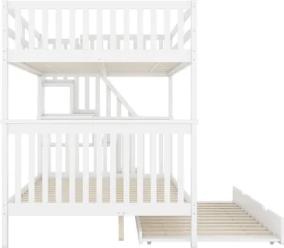 A white bunk bed with a pull-out trundle bed and a staircase with storage.