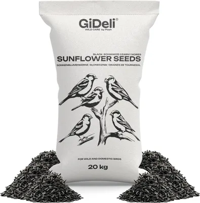 A bag of sunflower seeds for birds with a drawing of birds on it, and piles of seeds on either side.
