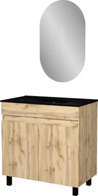 Image de Meuble Salle de Bains 80cm 2 Portes Chêne Naturel + Vasque Noire et Miroir Ovale