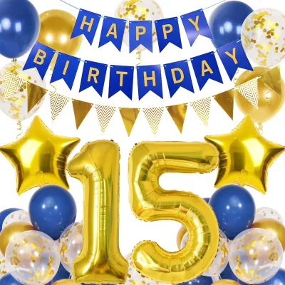 Image de Kit de décoration pour anniversaire - Avec ballons et guirlande - Pour 15 ans - Bleu et or