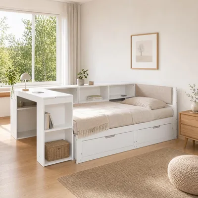Produktbild von 90x200cm Ausziehbares Bettgestell mit Schreibtisch Steckdose Schubladen Mattweiß