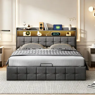 Produktbild von INONEFT Boxspringbett 160 x 200cm mit Bettkasten, Polsterbett Doppelbett mit LED und USB, Stauraumbett mit Lattenrost, Leinen, Grau