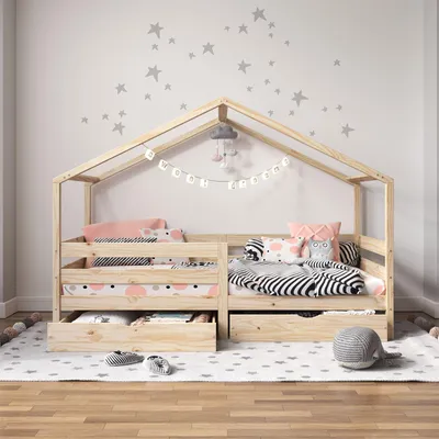 Produktbild von Hausbett ENA aus massiver Kiefer, schönes Montessoribett in 90 x 200 cm, Kinderbett mit Rausfallschutz, stabiles Spielbet mit Dach und 2 Schubladen in natur