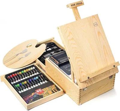Productafbeelding van Verstelbare houten schildersezel met luxe verfset, 24 acrylverven, 12 kleurpotloden en 10 penselen voor creatieve projecten