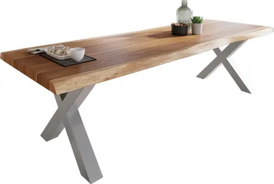 Produktbild von Esstisch Baumkante massiv Akazie Natur 280 x 100 X-Gestell silber ATLAS
