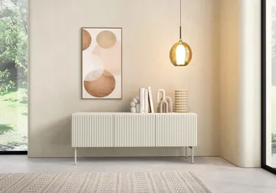 Produktbild von TV-Lowboard Muti Kaschmir Matt | TV-Schrank 147 cm mit Riffel-Fronten | grifflos mit Push-to-Open & Metallfüßen