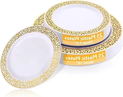 Weiße Plastikplatten mit goldenem Rand - Wiederverwendbare Platten für Feste, Hochzeiten und Geburtstage, 19cm und 26cm