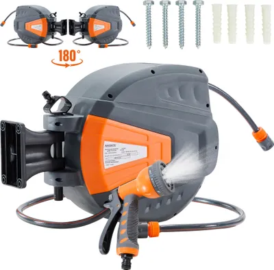 Produktbild von AREBOS Gartenschlauchaufroller 30 m, Schlauchaufroller, schwenkbare Schlauchtrommel, Wand-Schlauchbox mit Arretierstop, Inkl. Wandhalterung, Orange