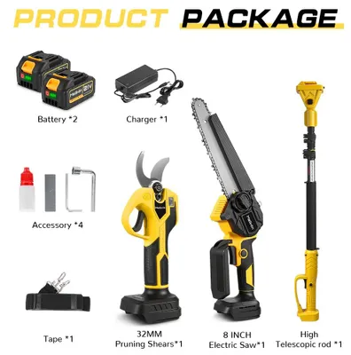 Produktbild von 4-in-1 Teleskop Astsäge Set - Akku Hochentaster - Bürstenloser Motor - 20 cm Kettensäge - 32 mm Astschere - Verstellbar 100–185 cm - 2 Akkus