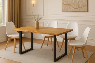 Produktbild von Essgruppe Baumkante massiv 120 x 80 cm Holz Wildeiche-Optik U-Gestell schwarz & 4 Stühle weiß JOSY