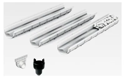 Produktbild von Dekorative Entwässerungsrinne, 3er Set (3x1m) mit Lochblech aus verzinktem Stahl und Zubehör - Entwässerungssystem für Terrassen, Garageneinfahrten, Gärten und Fußgängerzonen