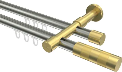Produktbild von Interdeco Innenlaufstange / Gardinenstange mit Innenlauf Edelstahl-Optik / Messing-Optik, Typ Prestige Mavell (Zylinder Bicolor), 20 mm Ø 2-läufig, 480 cm