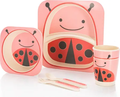 Produktbild von all Kids United Kindergeschirr Set Marienkäfer aus robustem Kunststoff – Bruchsicheres Frühstücksset & Esslerngeschirr für Kleinkinder