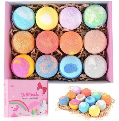 Productafbeelding van Badebommen cadeau set: 12 badekugels met essentiële oliën, handgemaakt voor vrouwen, in verschillende kleuren