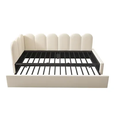 Produktbild von Tagesbett mit Ausziehbett und Lattenrost Daybett Schlafsofa Samt ohne Matratze 90x200cm Beige