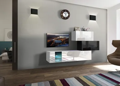 Produktbild von Furnitech Wohnwand Wohnzimmer - Wohnzimmer Möbel mit LED Blau - Hängend Wohnwand Modern - Regale und TV Schrank (Troja AN85-17BW-HG23-1A)