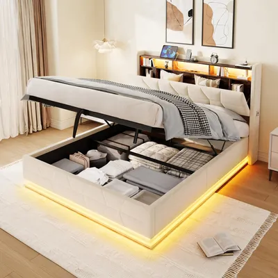 Image de OKWISH Lit Coffre 140x200 cm - Lit Double avec Rangement et Étagère de Tête de Lit Ouverte, LED avec USB-C, Sans Matelas - Velours - Beige
