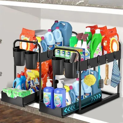 Obrázek produktu pro dvoupatrová polička pod dřez, sada 2 kusů, kuchyňský organizér s 8 háčky a 4 závěsnými kelímky, koupelnový organizér, černá barva