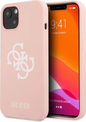 A pink iPhone 13 mini case with the Guess logo is shown next to the phone's screen.