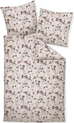 A bedding set with a floral pattern is laid out on a white background.