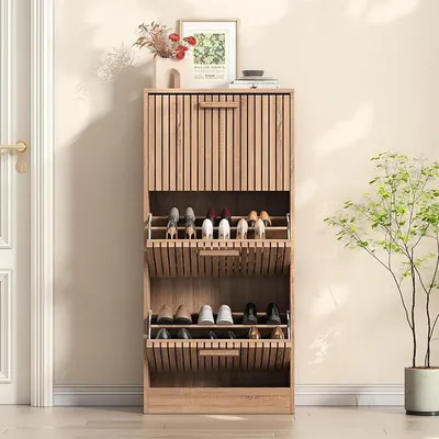 Imagen del producto de Zapatero con 3 puertas, zapatero estrecho con 6 compartimentos, estante para zapatos ajustable para la entrada, hecho de madera, para guardar zapatos, mueble zapatero de pie para pasillo o salón (color madera, modelo A)