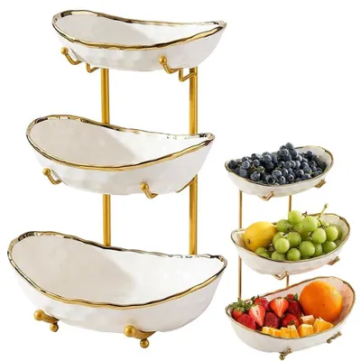 Produktbild von 3-stöckige Keramische Obstschale mit Metallrahmen für frisches Obst und Snacks