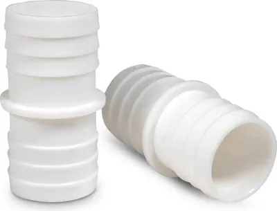 Two white plastic hose connectors are shown on a white background. One connector is standing upright, and the other is lying on its side.