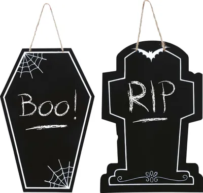 Productafbeelding van Halloween tafeldecoratie: spook, pompoen, grafsteen, skelet, "Boo", enge berichten. Wanddecoratie, 27 cm. Geschikt voor griezelfans, feestartikelen. Kleur: zwart