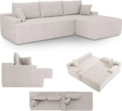 Produktbild von Juskys Sofa Coredo - Beige, moderne Couch aus Cord mit Kissen, Ottomane rechts