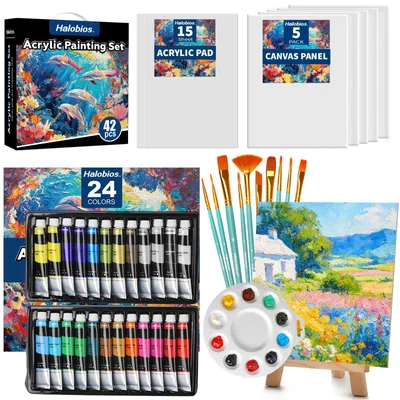 Acrylfarbe-Set: 24 Tuben, 5 Leinwände, 10 Pinsel