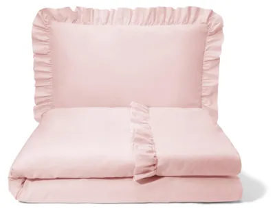 Productafbeelding van Katoenen kinderdeken, 2-delig, beddengoedset voor kinderen, beddengoed met ruches en rits, dekbedovertrek 100 x 135 cm, kussensloop 60 x 40 cm, pastelroze kleur