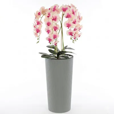 Imagen del producto de Orquídea artificial Cremerosa, ramo en cascada en maceta con relieves, color gris, altura de 107,5 cm, flores con revestimiento de goma, 5 tallos, ideal para decorar el hogar u oficina, elegante y con estilo