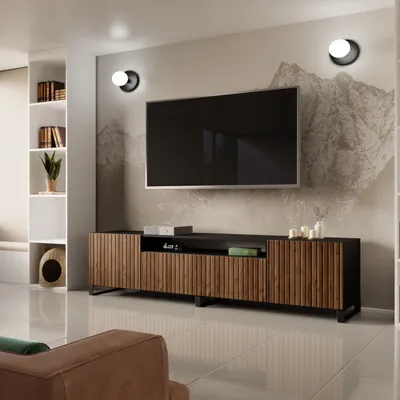 Produktbild von TV-Schrank Mio III Fernsehschrank TV-Lowboard 200 cm vertikal gefräste Fronten modernes Design dreitürig Wohnzimmer (Farbe: schwarz, catania )