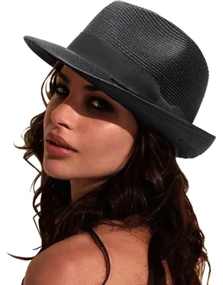 Produktbild von Damen Panama Hut Breiter Krempe Stroh Sommer Fedora Rollbar UV Sonnenhut UPF 50+ Schwarz M