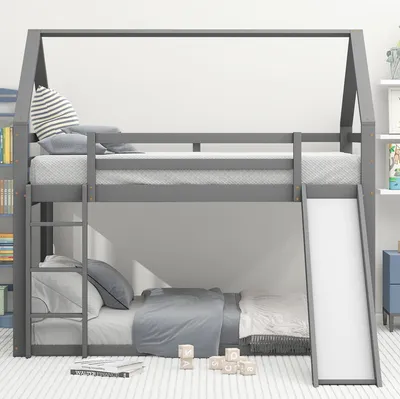 Immagine prodotto di okwish letto a castello per bambini 140x200, letto a castello per bambini con scivolo e scaletta, letto a castello in legno massello di pino, senza materasso, grigio