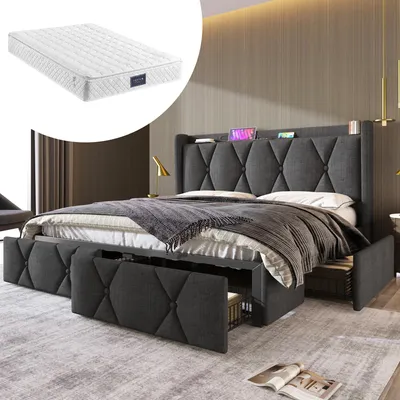 Productafbeelding van Gestoffeerd bed met ingebouwde USB-oplaadpoort, hoofdeinde en 4 lades. Dubbelbed, 140x200 cm. Bed met opbergruimte, bedframe, houten lattenbodem