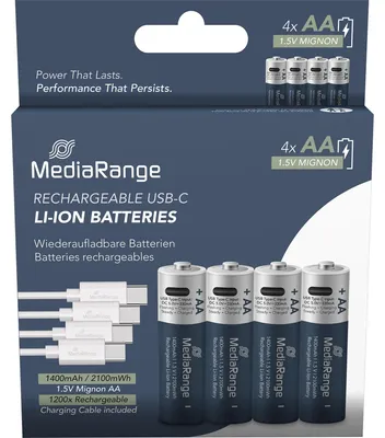 Produktbild von MediaRange MRBAT161, Wiederaufladbarer Akku, AA, Lithium-Ion (Li-Ion), 1,5 V, 4 Stück(e), 1400 mAh