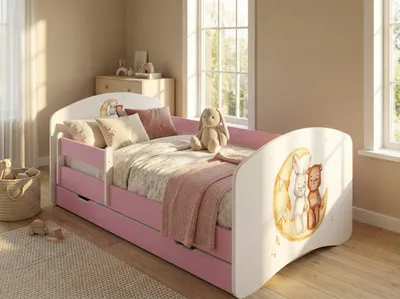 Produktbild von Happy Babies Kinderbett - mit Rausfallschutz Junge 140x70 Bett für Kinderzimmer mit Schublade & Matratze Einzelbett für Kinder Weiß/Rosa Hase Teddybär (Rosa)