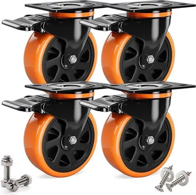 Productafbeelding van Unyqoos® 4 stuks meubelrollen, 75 mm, zwaar belastbare zwenkwielen met rem, Polyurethanloopvlak, inclusief bevestigingsmateriaal, draagvermogen 480 kg (per wiel 120 kg)