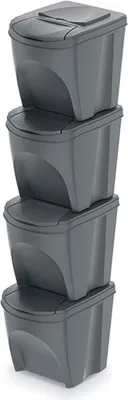 Obrázok produktu pre Sada 4 kusov odpadkových košov s objemom 25 litrov, určených na triedenie odpadu. Farba: sivá. Materiál: kameň