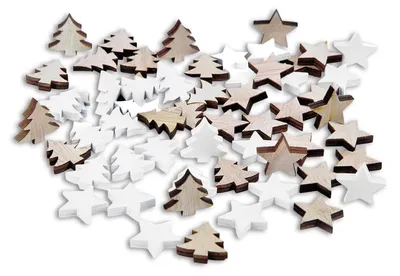 Produktbild von 56 Weihnachts-Streudeko aus Holz – Bäume & Sterne Braun Weiß, 2,5 cm