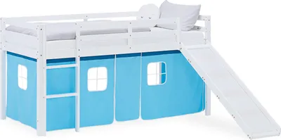 Image de Lit superposé 90x200 cm avec Toboggan Lit mezzanine en Bois Pin Massif Lit d'enfant Cadre de Lit Rideau Bleu
