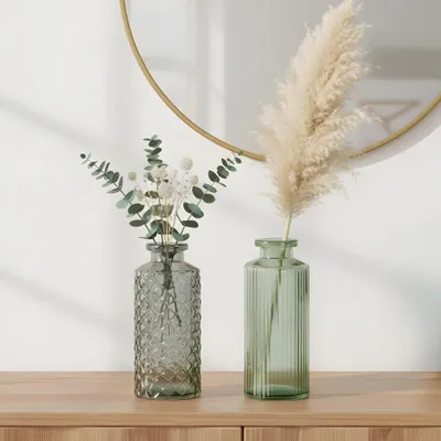 Produktbild von 2er Set Vase H14cm Grün Glas Blumenvase Tischdeko Frühling Blumendeko Glasvase Dekovase
