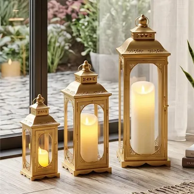 3 Vintage-Kerzenlaternen, gold, 26/35/50 cm, Metall, Glas